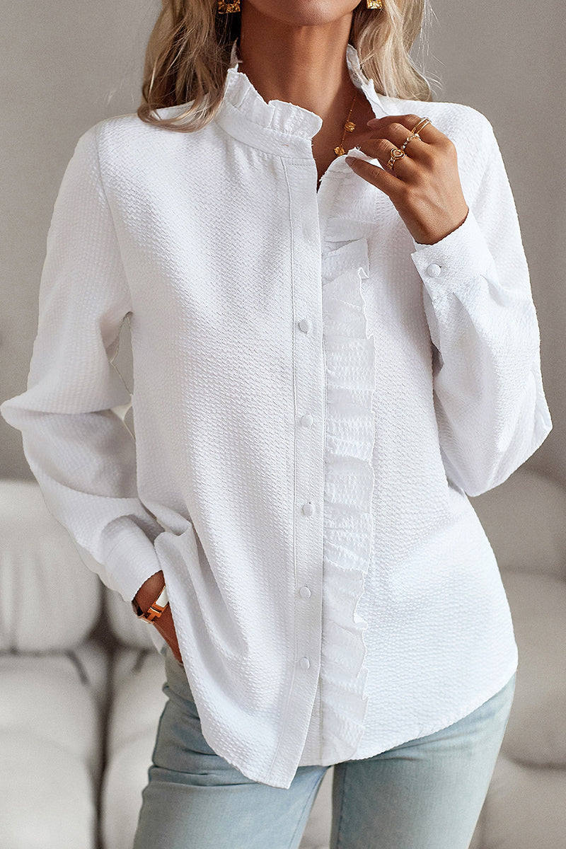 British Style Solid Patchwork Lotus Leaf Collar Blouses(4 Colors) - Fashionpara