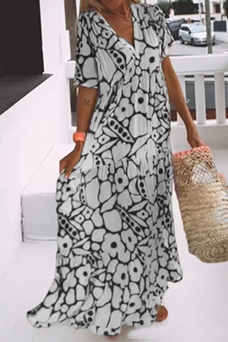 Elegant Geometric Printing V Neck A Line Dresses - Fashionpara
