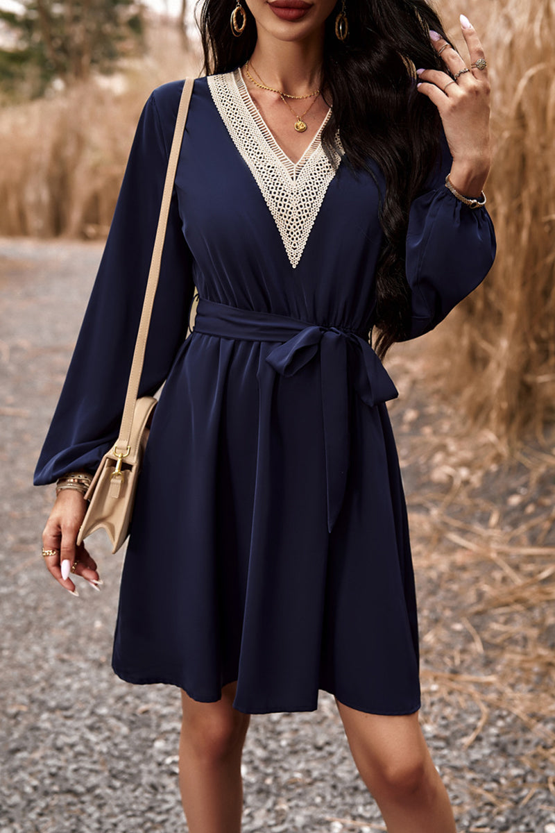 Elegant Solid Lace Bandage V Neck A Line Dresses(5 Colors) - Fashionpara