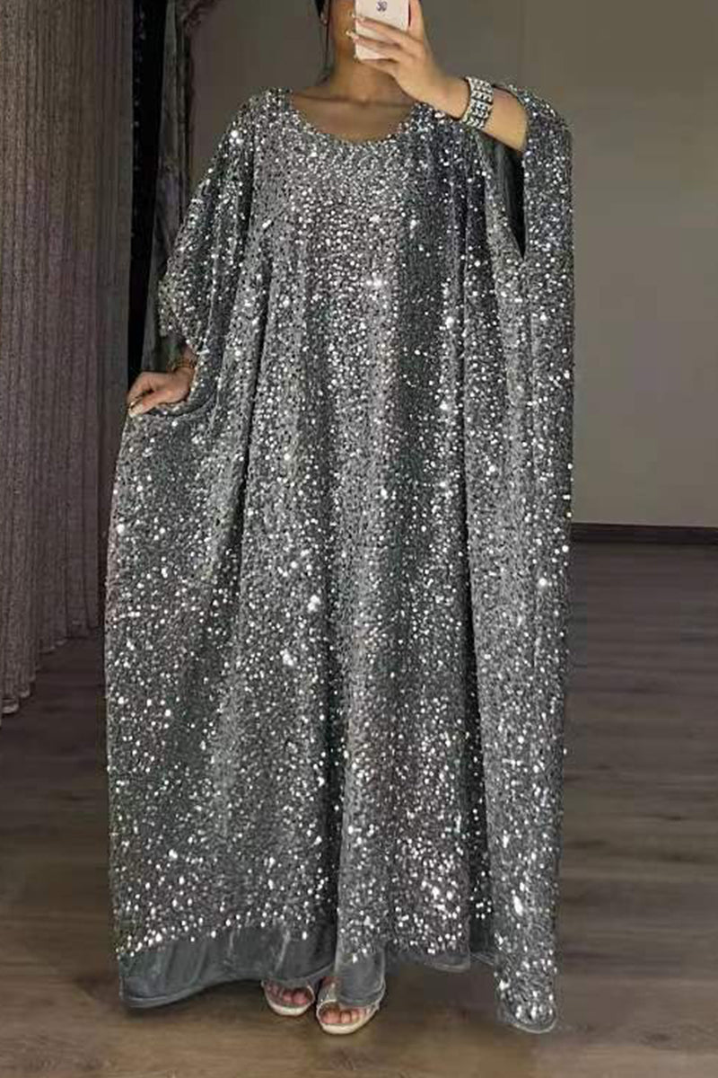 College Solid Sequins Sequined U Neck Long Sleeve Dresses - Fashionpara