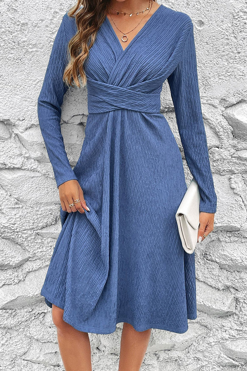 Sexy Elegant Solid Fold V Neck Waist Skirt Dresses - Fashionpara