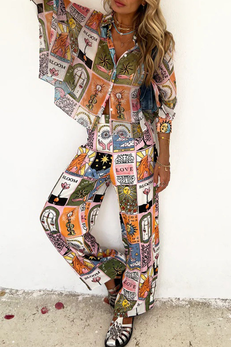 Casual College Print Patchwork Turndown Collar Long Sleeve Two Pieces - Fashionpara