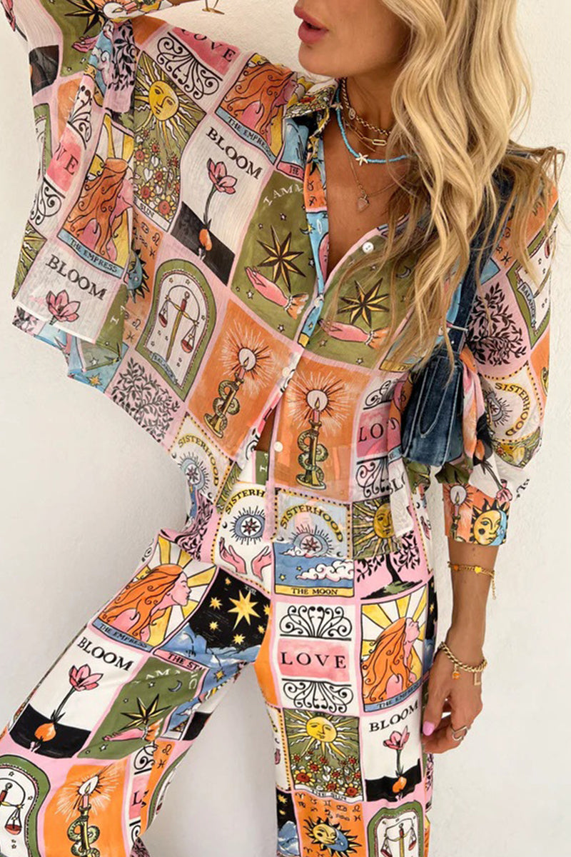Casual College Print Patchwork Turndown Collar Long Sleeve Two Pieces - Fashionpara