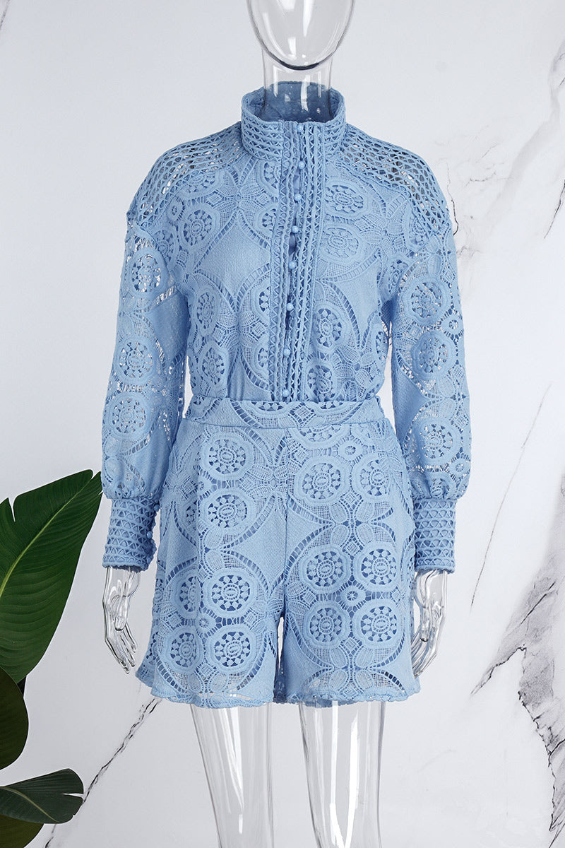 Casual Solid Buckle Mandarin Collar Long Sleeve Two Pieces(3 Colors) - Fashionpara
