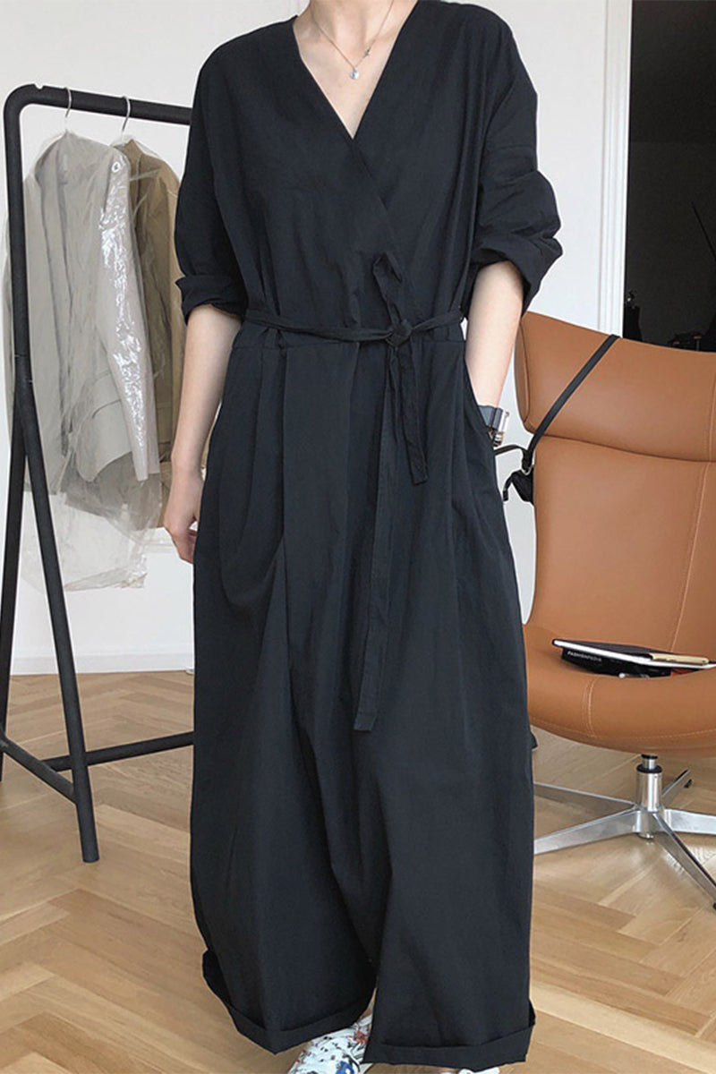 Casual College Solid Frenulum V Neck Loose Jumpsuits - Fashionpara