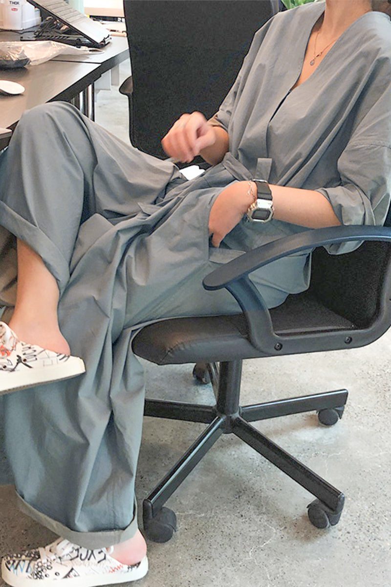 Casual College Solid Frenulum V Neck Loose Jumpsuits - Fashionpara