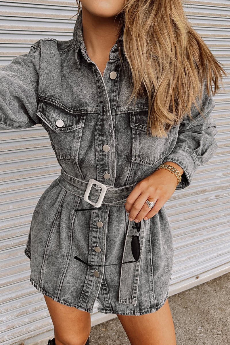 Casual Street Solid Pocket With Belt Turndown Collar Long Sleeve Denim Dresses - Fashionpara