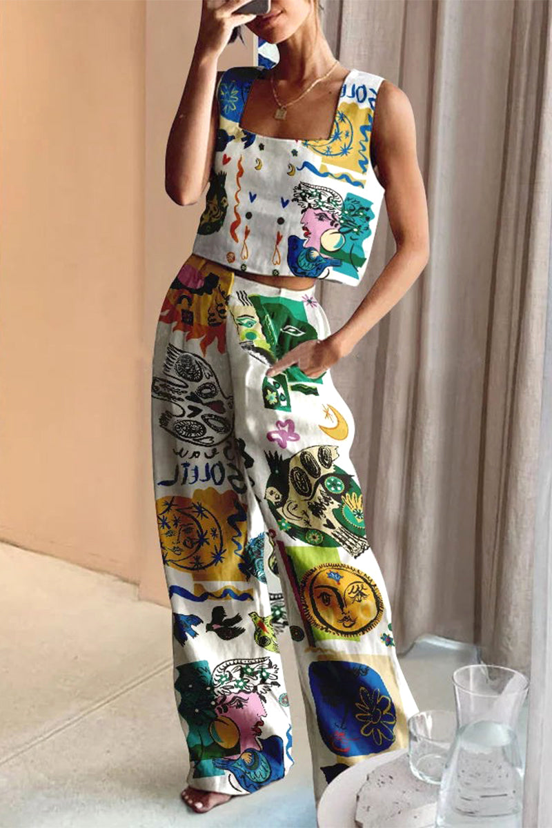 Casual Animal Printing Square Collar Sleeveless Two Pieces - Fashionpara