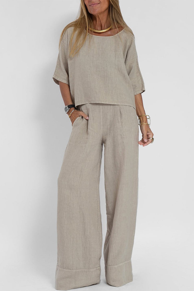 Casual Simplicity Solid Pocket O Neck Three Quarter Two Pieces(4 Colors) - Fashionpara