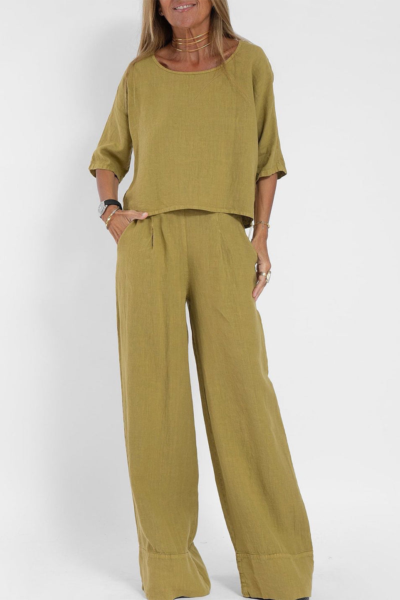 Casual Simplicity Solid Pocket O Neck Three Quarter Two Pieces(4 Colors) - Fashionpara