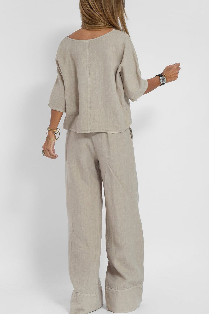 Casual Simplicity Solid Pocket O Neck Three Quarter Two Pieces(4 Colors) - Fashionpara