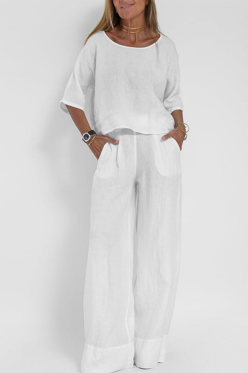 Casual Simplicity Solid Pocket O Neck Three Quarter Two Pieces(4 Colors) - Fashionpara