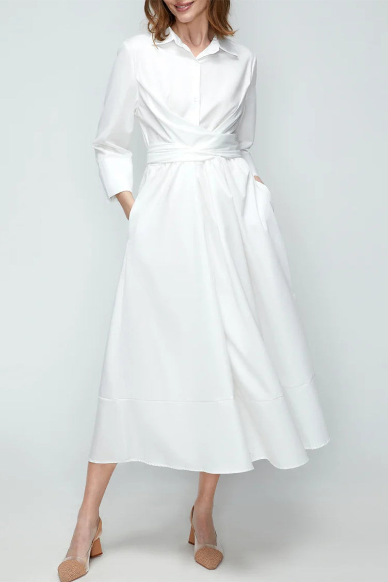 Elegant Solid Cross Straps Turndown Collar Shirt Dresses(3 Colors) - Fashionpara