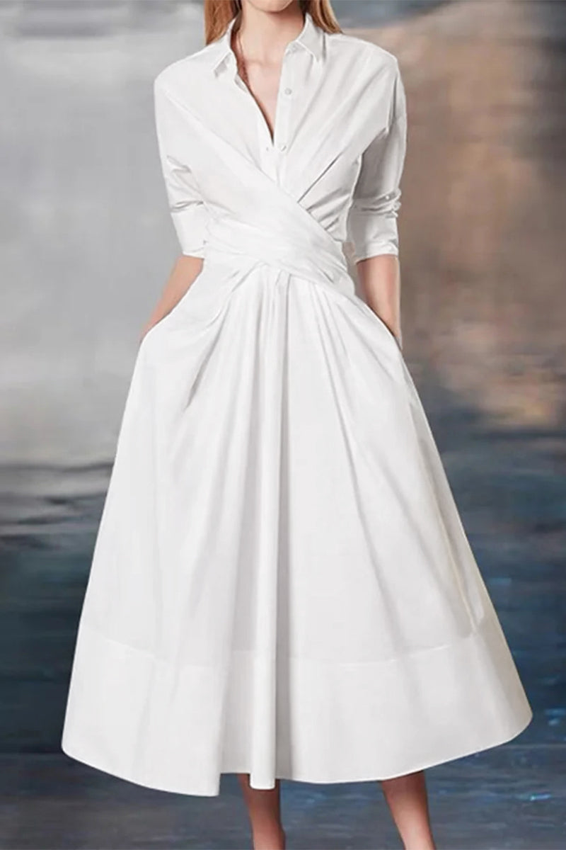 Elegant Solid Cross Straps Turndown Collar Shirt Dresses(3 Colors) - Fashionpara