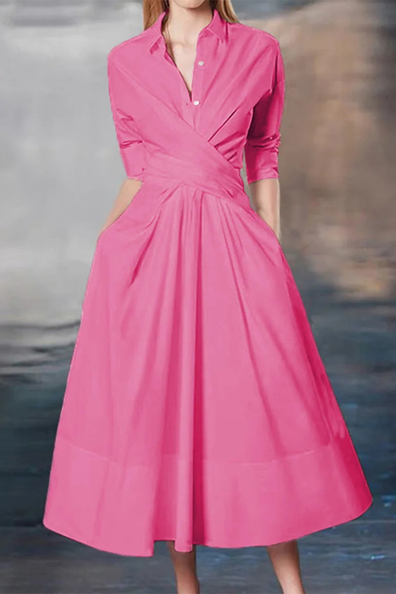 Elegant Solid Cross Straps Turndown Collar Shirt Dresses(3 Colors) - Fashionpara