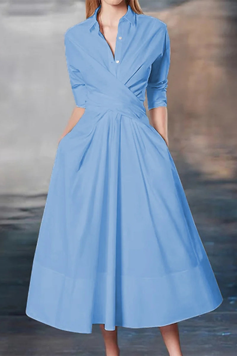 Elegant Solid Cross Straps Turndown Collar Shirt Dresses(3 Colors) - Fashionpara