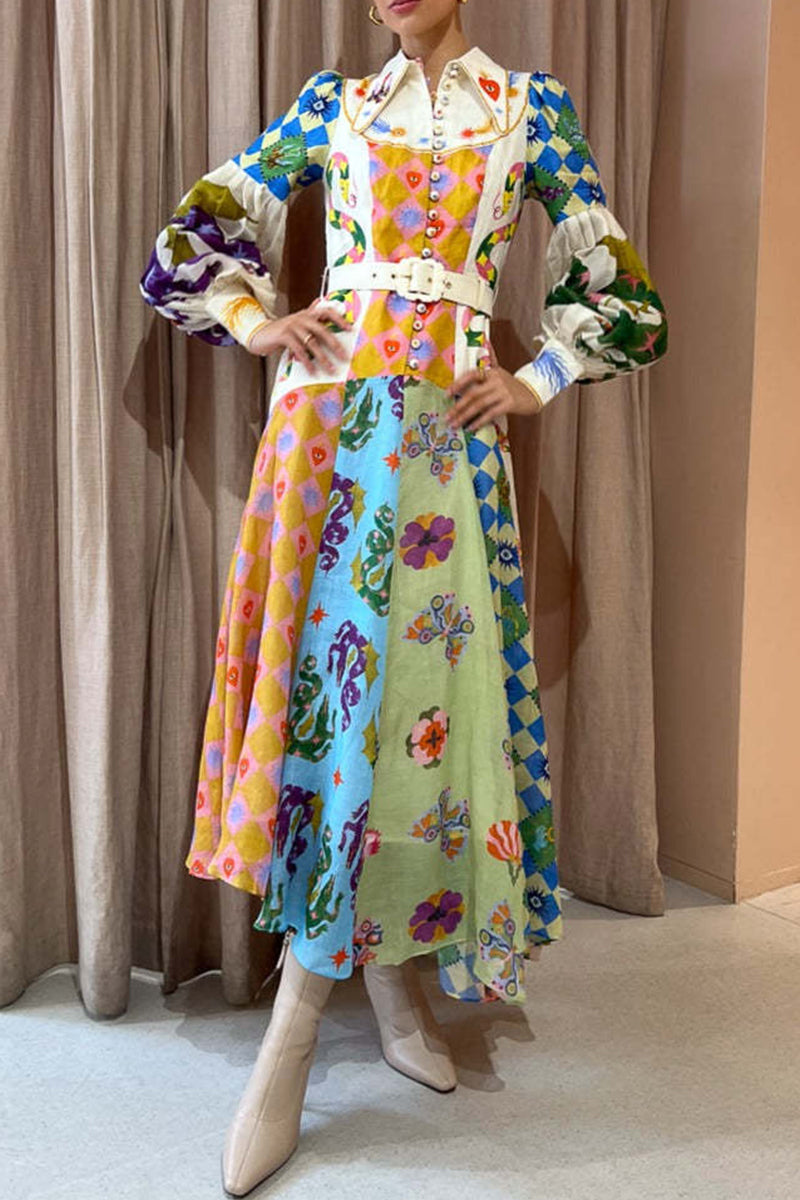 Bohemian Elegant Geometric Print With Belt Contrast Turndown Collar Irregular Dress Dresses - Fashionpara