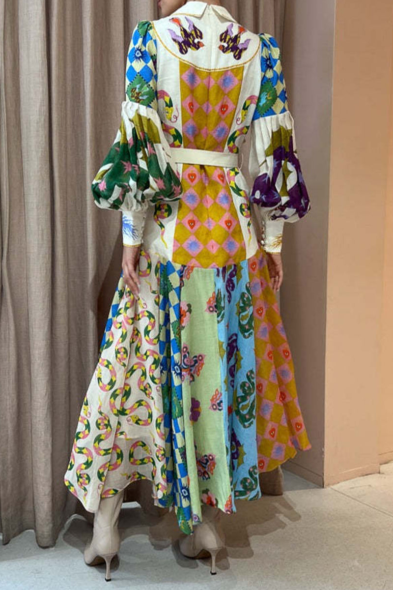 Bohemian Elegant Geometric Print With Belt Contrast Turndown Collar Irregular Dress Dresses - Fashionpara