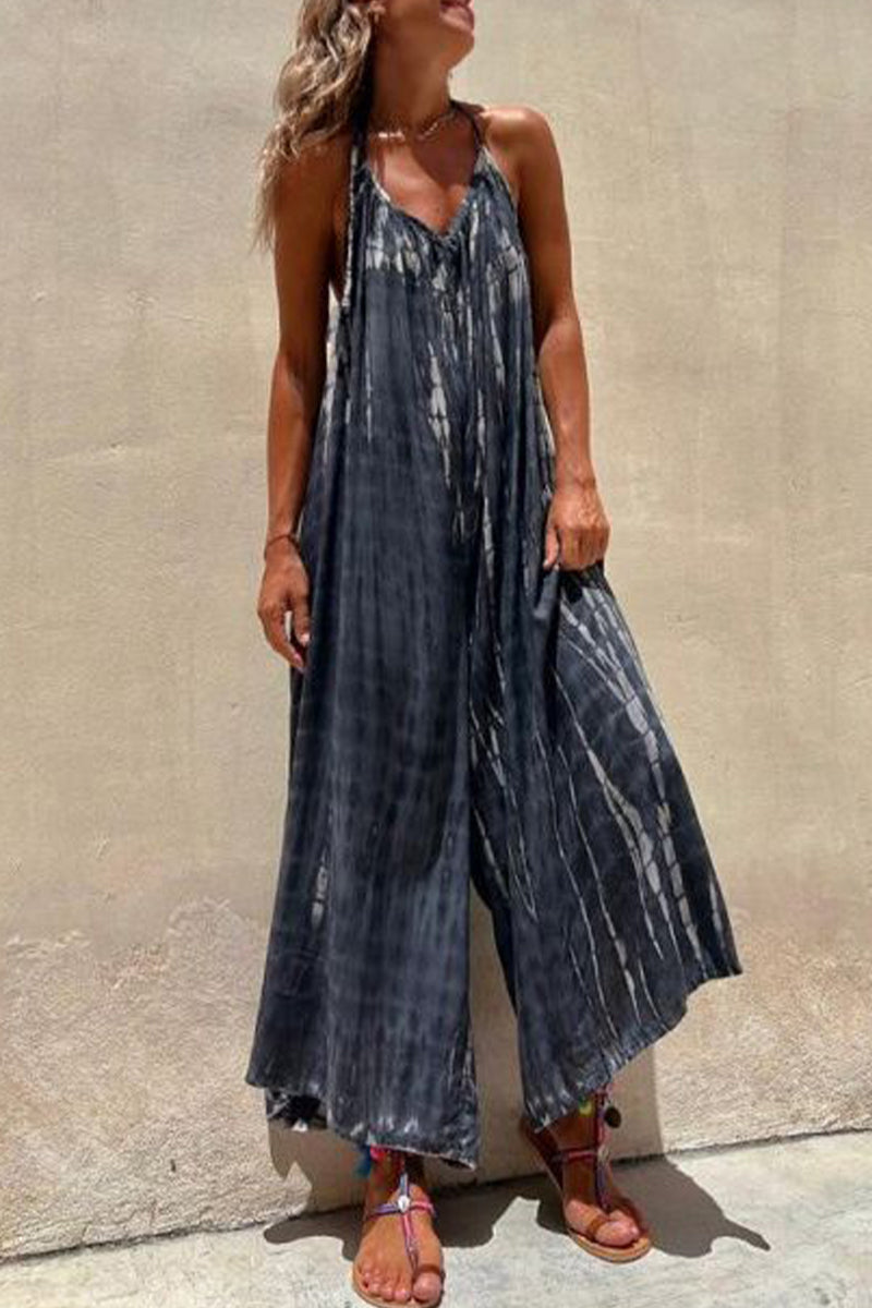 Casual College Print Contrast U Neck Loose Jumpsuits - Fashionpara