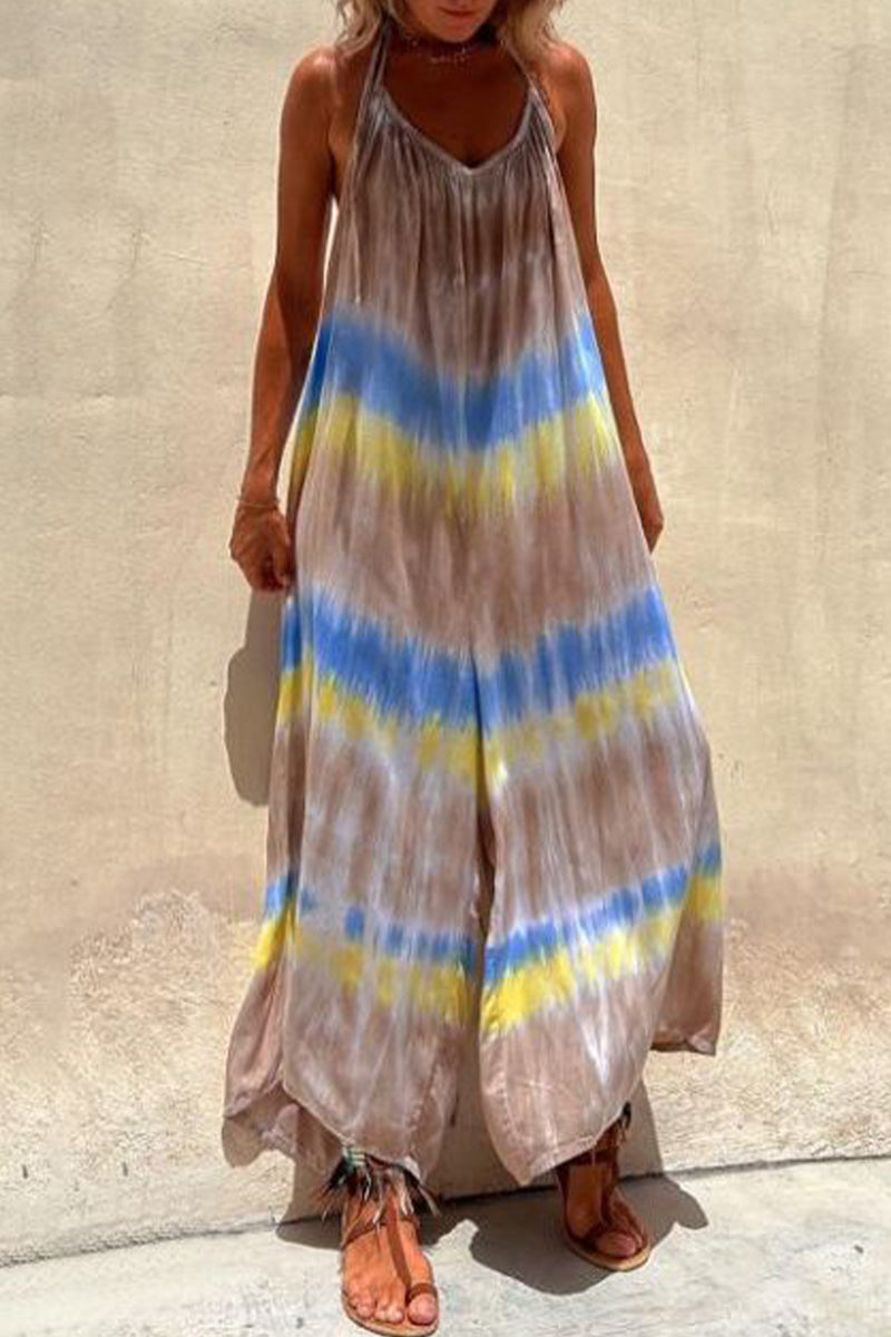 Casual College Print Contrast U Neck Loose Jumpsuits - Fashionpara