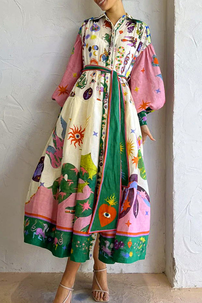 Elegant College Print Bandage Turndown Collar Printed Dress Dresses - Fashionpara