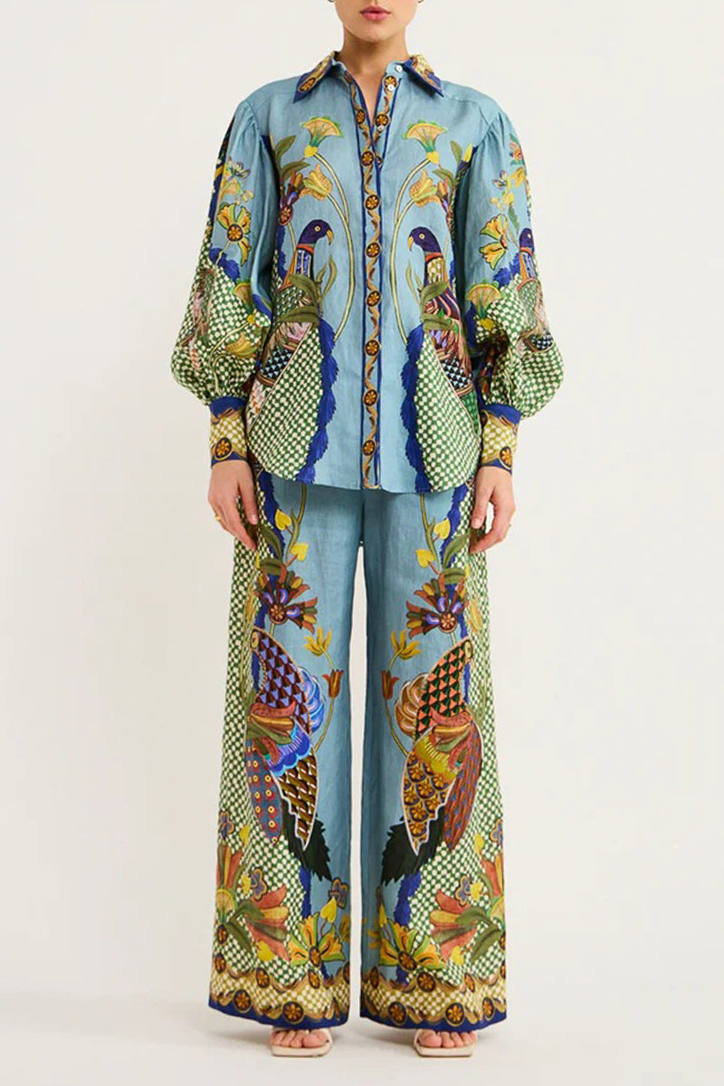 Casual College Animal Printing Turndown Collar Long Sleeve Two Pieces - Fashionpara