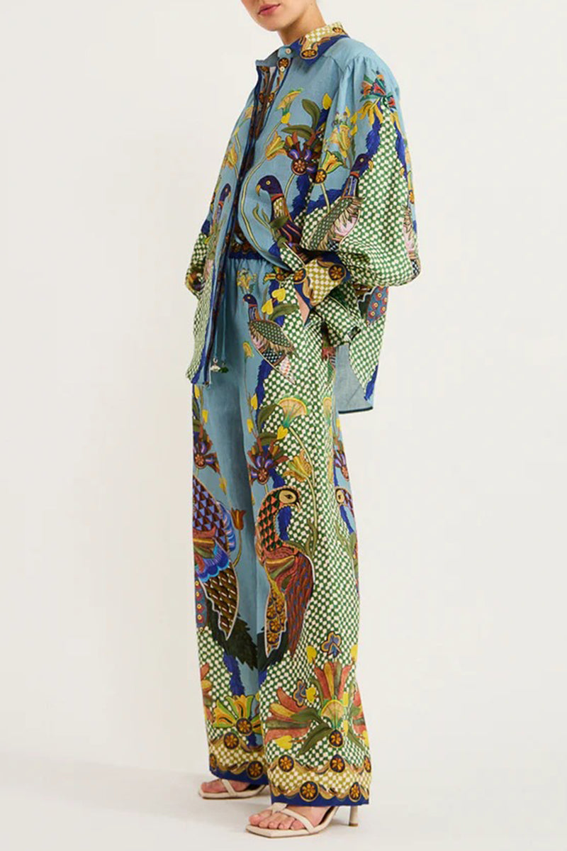 Casual College Animal Printing Turndown Collar Long Sleeve Two Pieces - Fashionpara