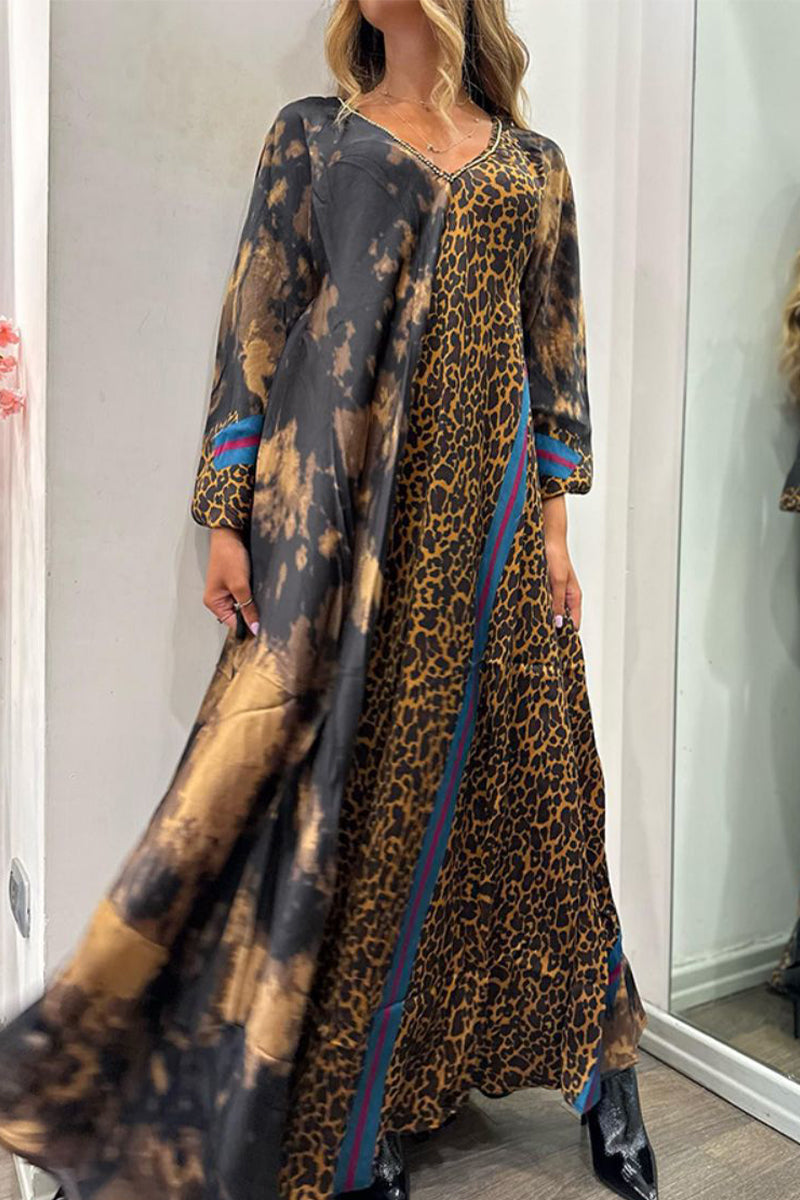 College Leopard Printing V Neck Printed Dress Dresses - Fashionpara