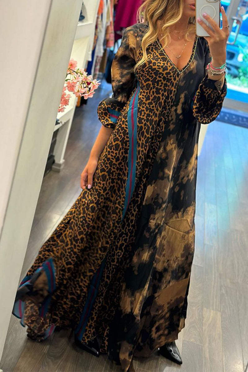 College Leopard Printing V Neck Printed Dress Dresses - Fashionpara