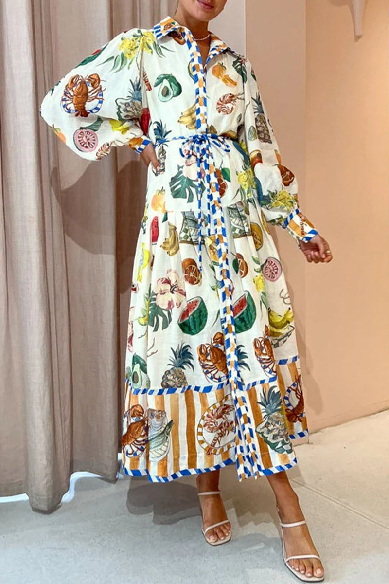 Casual Sweet Print Frenulum Buckle Shirt Collar A Line Dresses - Fashionpara