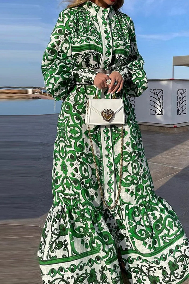 Casual Geometric Printing Mandarin Collar Printed Dress Dresses - Fashionpara