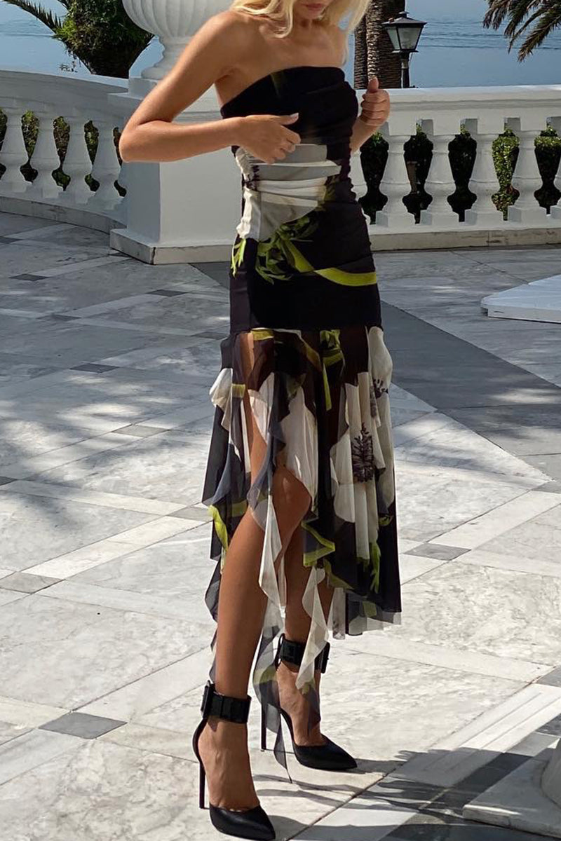 Sexy College Floral Asymmetrical Strapless Dresses - Fashionpara