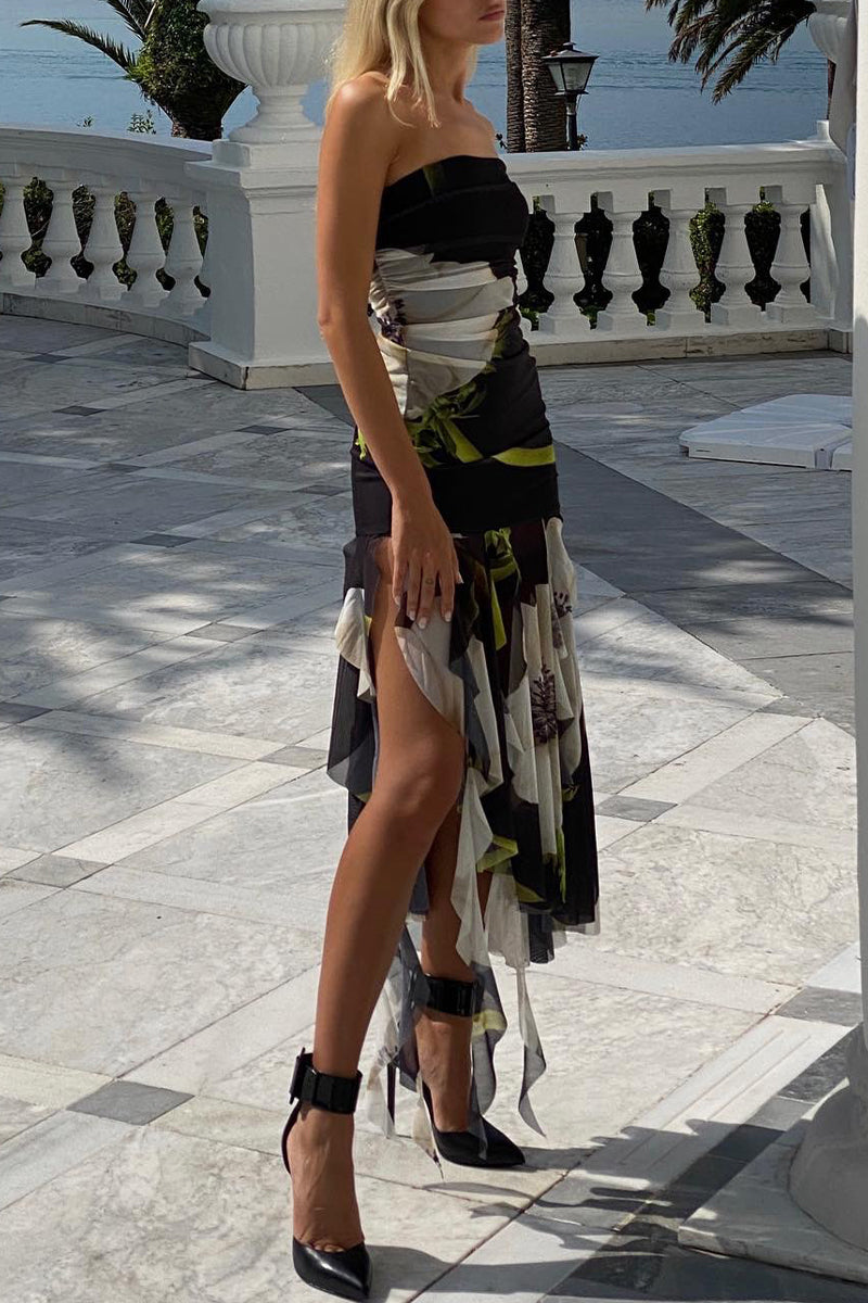 Sexy College Floral Asymmetrical Strapless Dresses - Fashionpara