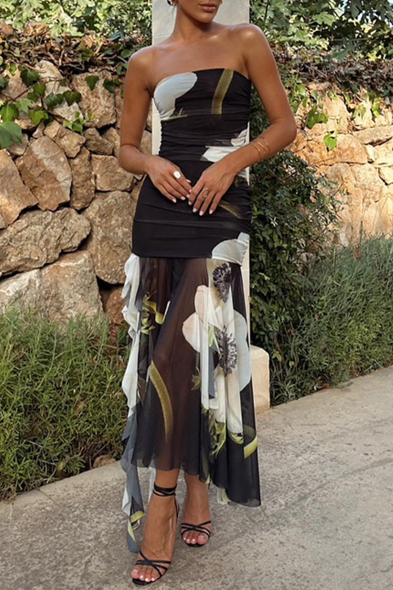 Sexy College Floral Asymmetrical Strapless Dresses - Fashionpara