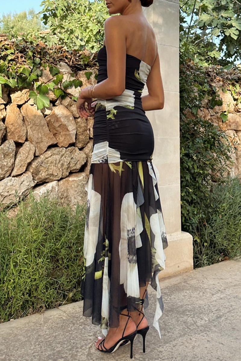 Sexy College Floral Asymmetrical Strapless Dresses - Fashionpara