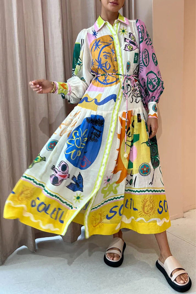 Bohemian Elegant Print Contrast Turndown Collar A Line Dresses - Fashionpara