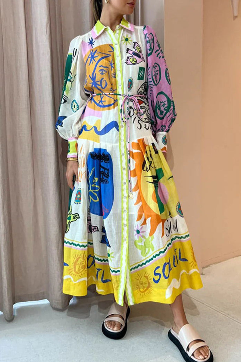 Bohemian Elegant Print Contrast Turndown Collar A Line Dresses - Fashionpara