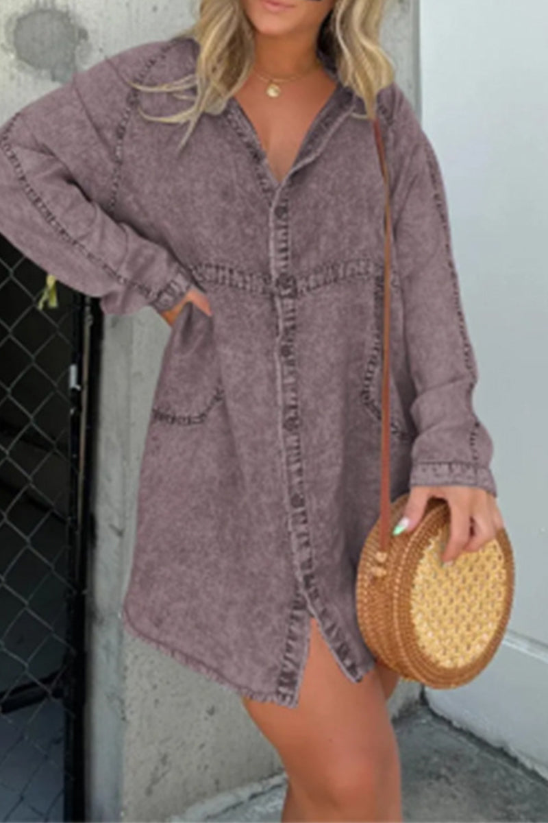 Casual Solid Make Old Turndown Collar Shirt Dress Dresses - Fashionpara
