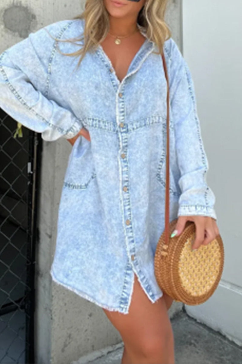 Casual Solid Make Old Turndown Collar Shirt Dress Dresses - Fashionpara