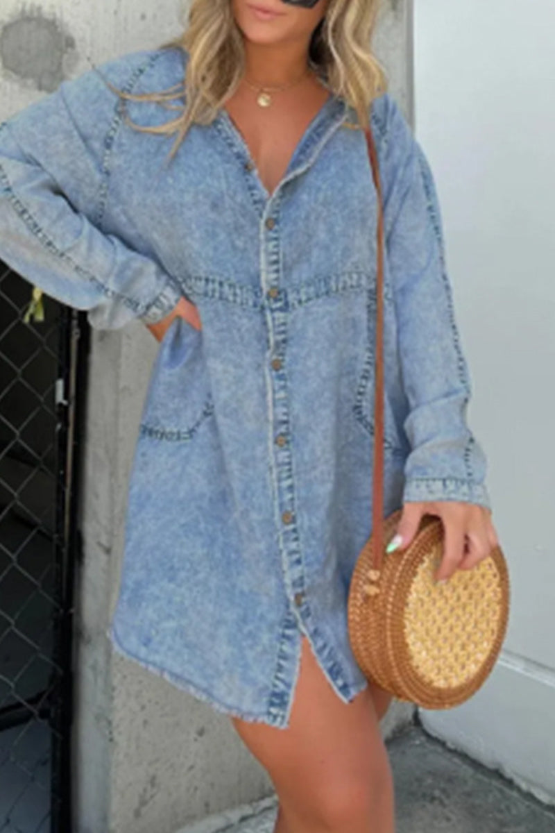 Casual Solid Make Old Turndown Collar Shirt Dress Dresses - Fashionpara