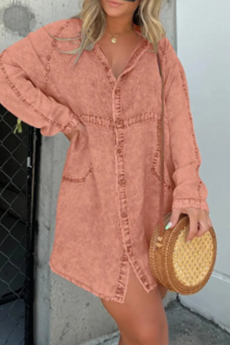 Casual Solid Make Old Turndown Collar Shirt Dress Dresses - Fashionpara