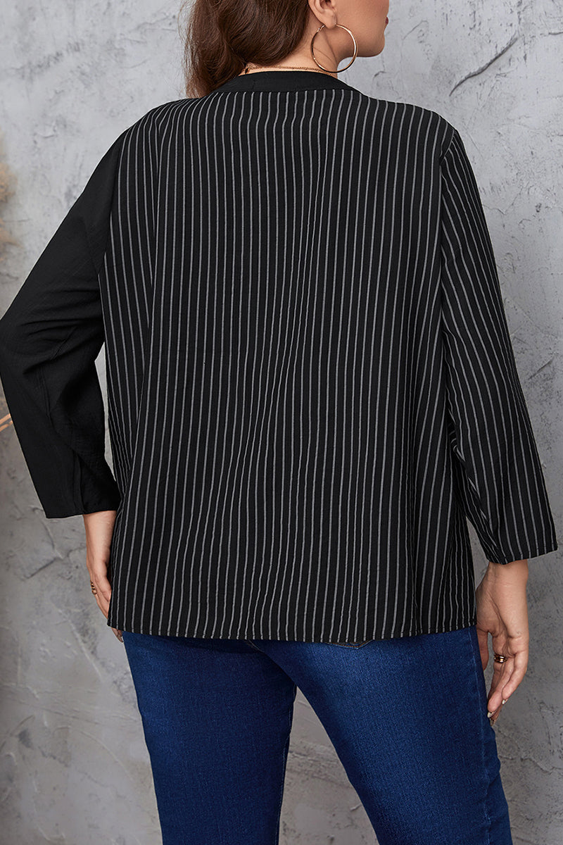 Casual Striped Patchwork O Neck Plus Size Tops - Fashionpara