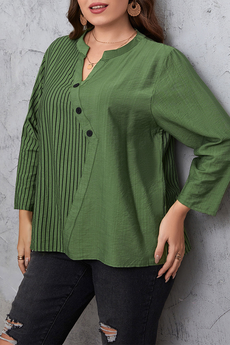 Casual Striped Patchwork O Neck Plus Size Tops - Fashionpara