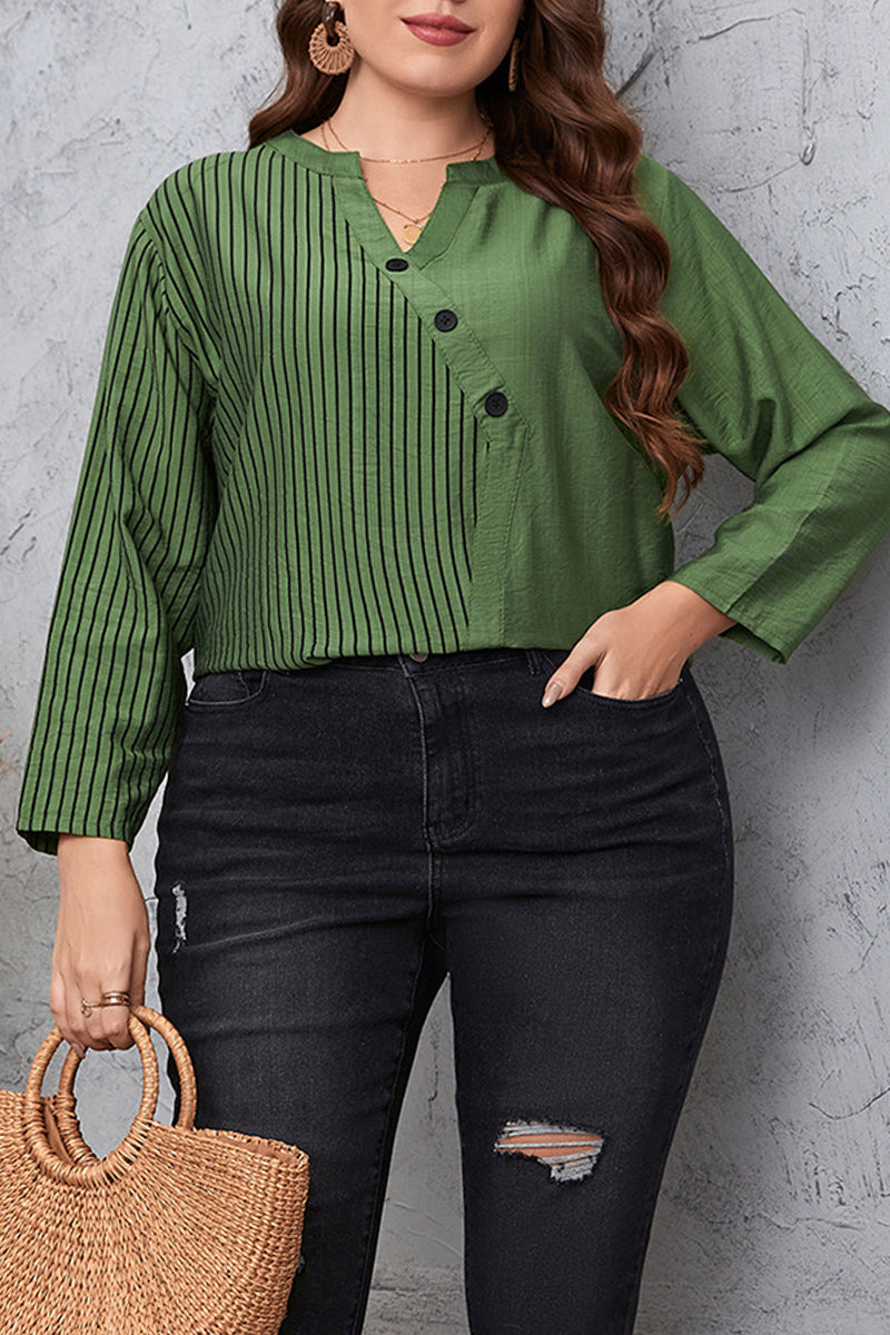 Casual Striped Patchwork O Neck Plus Size Tops - Fashionpara