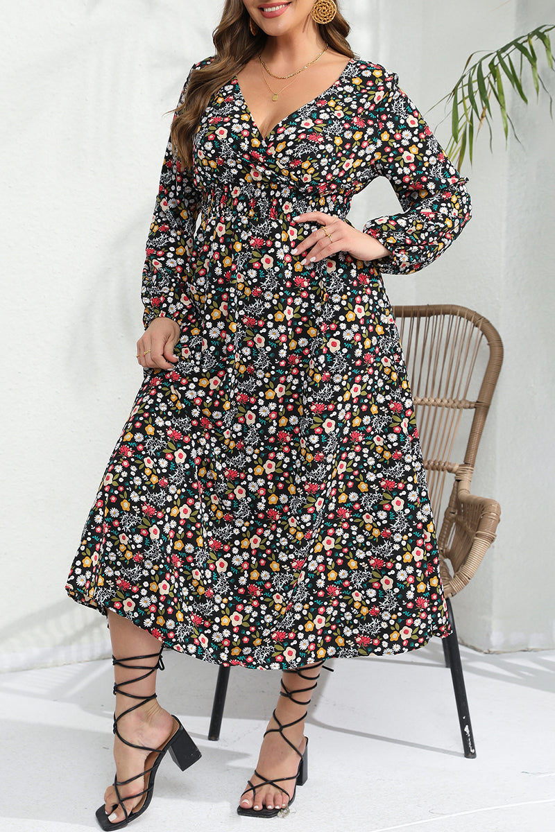 Elegant Floral Patchwork V Neck A Line Plus Size Dresses - Fashionpara