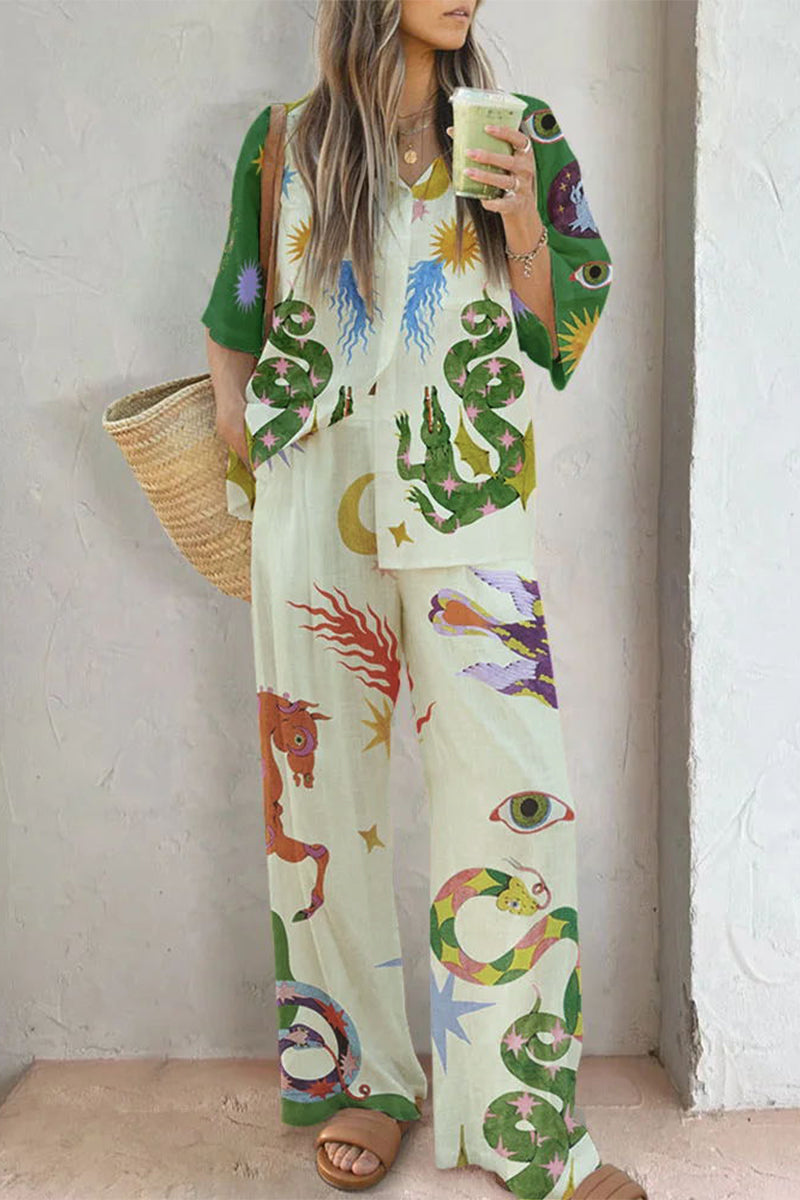 Casual Print Turndown Collar Long Sleeve Two Pieces - Fashionpara