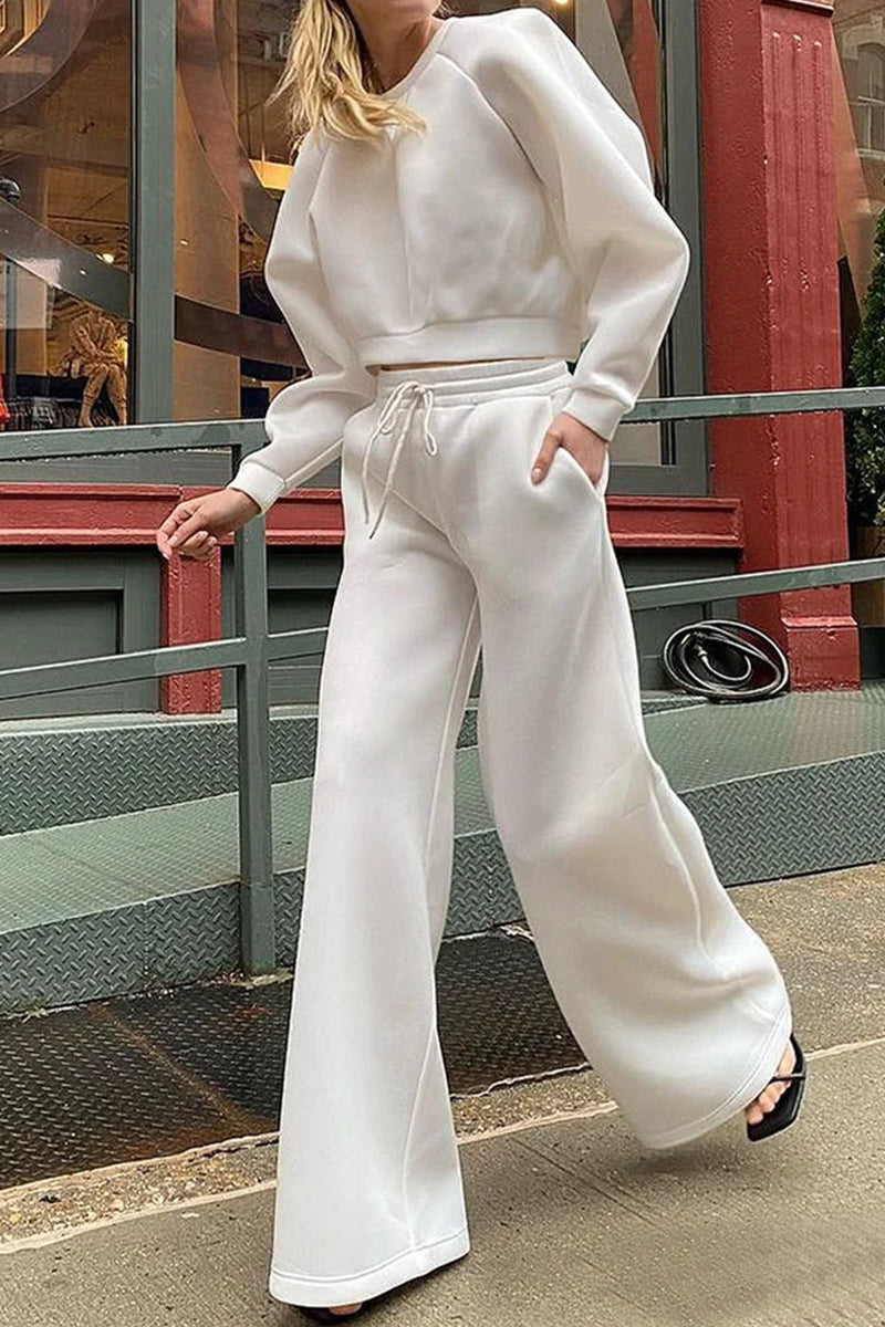 Casual Solid Pocket O Neck Long Sleeve Two Pieces - Fashionpara