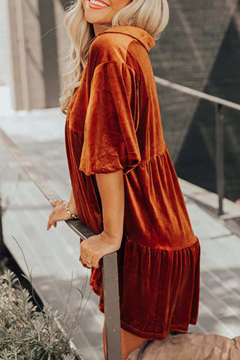 Casual Street Solid Buttons V Neck A Line Dresses - Fashionpara