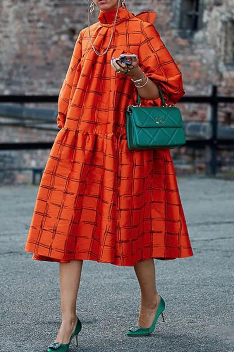 Casual Plaid Patchwork Turtleneck Long Sleeve Dresses - Fashionpara