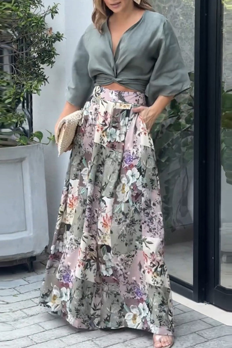 Casual Print Fold V Neck Half Sleeve Two Pieces - Fashionpara